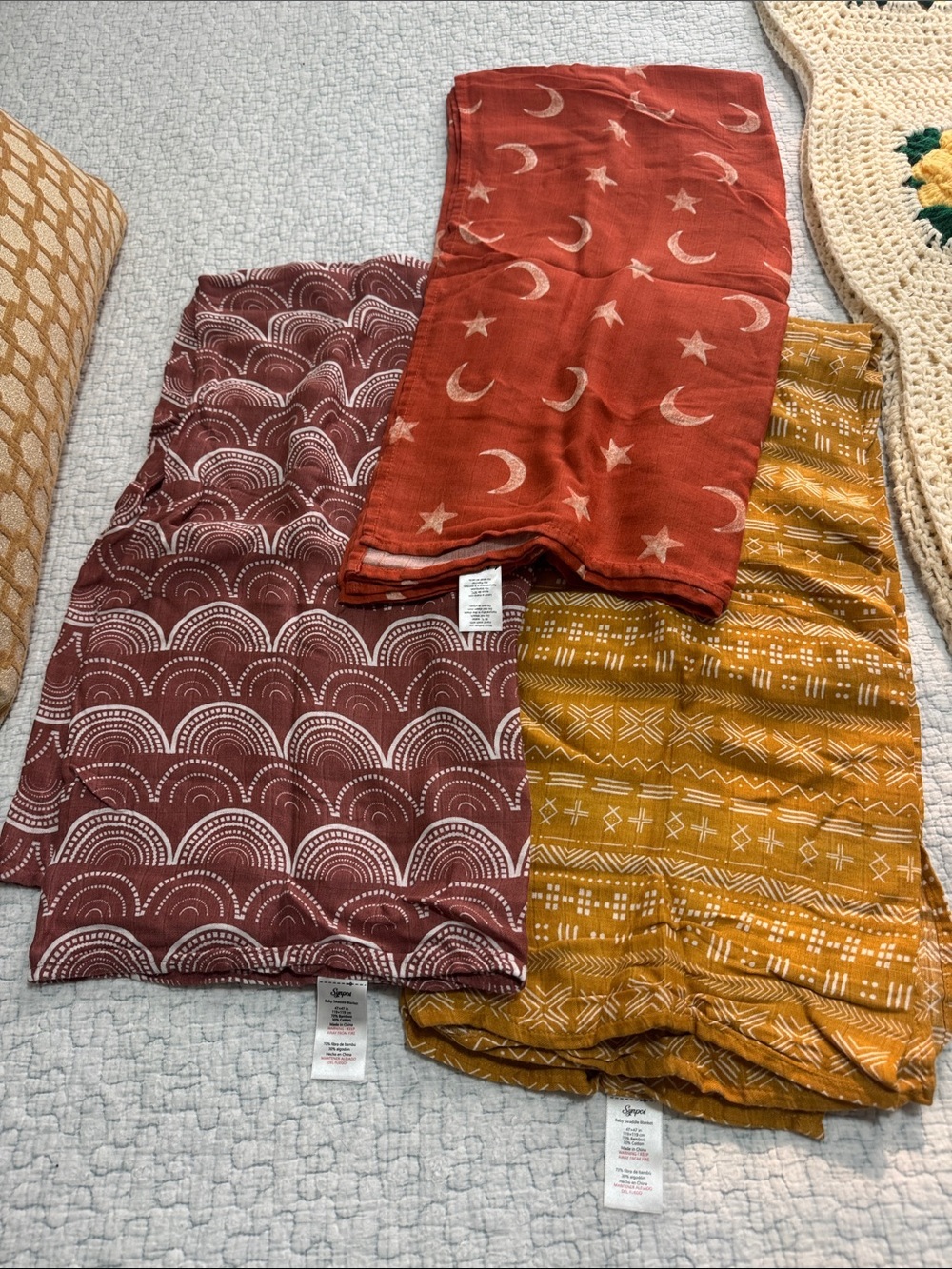 Set of 3 Patterned Lightweight baby blankets - Rust, Burgundy & Mustard